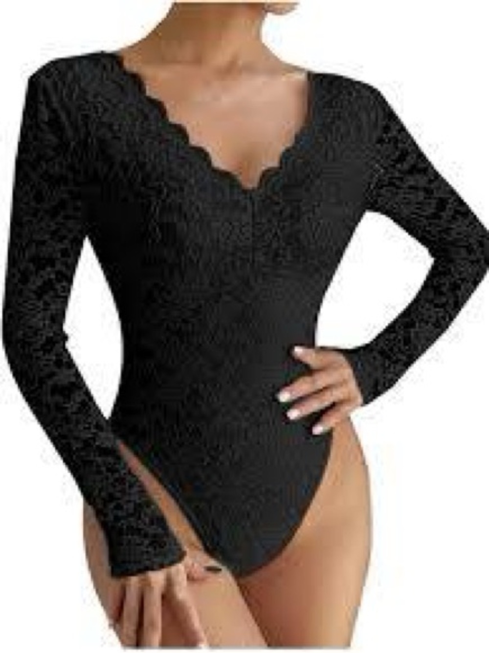 Jonathan Simkhai Black Scalloped V-Neck Lace Bodysuit 1217